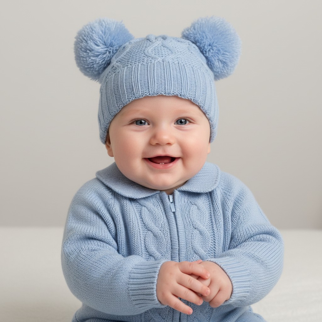 Soft Touch  * STH660-BB Deluxe Blue Chain Knit Pom Pom Hat (NB - 12m)