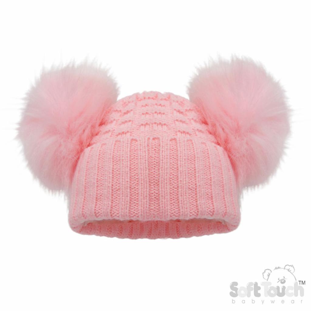 Soft Touch  * STH670-BP Pink Deluxe Check Knit Pom Pom Hat (NB-12m)