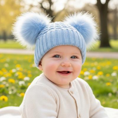 STH670-BB  Blue Deluxe Check Knit Pom Pom Hat  (NB-12m)
