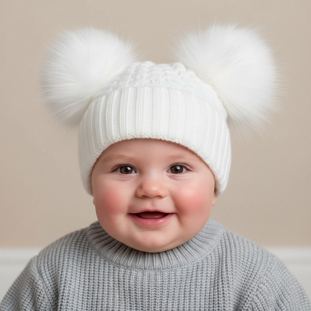 Soft Touch H670-W 5023797312151 STH670-W White Deluxe Check Knit Pom Pom Hat (NB-12m)