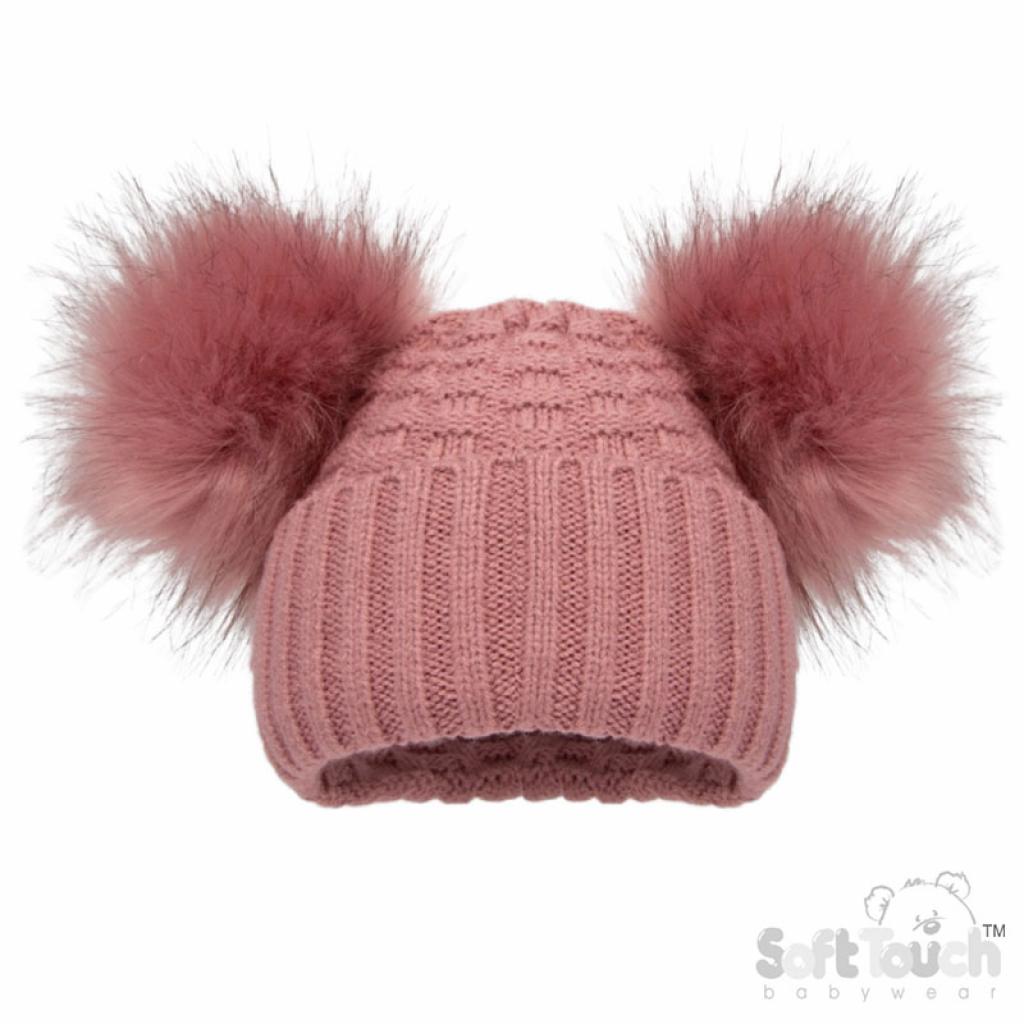 Soft Touch  * STH672-DR Rose Deluxe Check Knit Pom Pom Hat (12-24m)