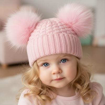 STH672-P Pink Deluxe Check Knit Pom Poms Hat (12-24m)