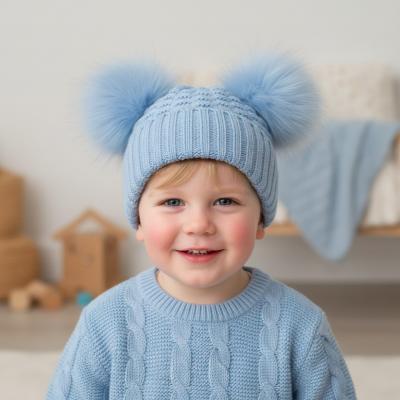 STH672BB Blue Deluxe Check Knit Pom Pom Hat (12-24m)