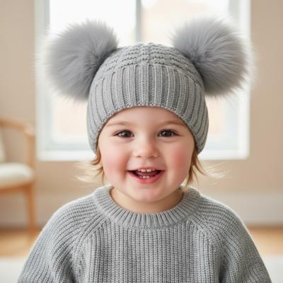 STH672G  Grey Deluxe Check Knit Pom Pom Hat  (12-24m)