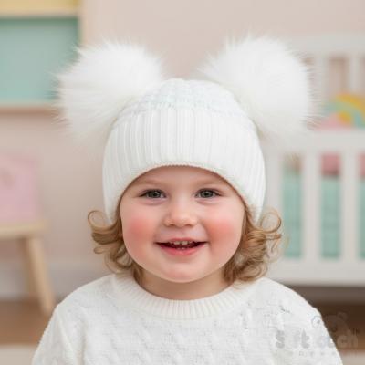 STH674W  White Deluxe Check Knit Pom Pom Hat  (2-5 Years)