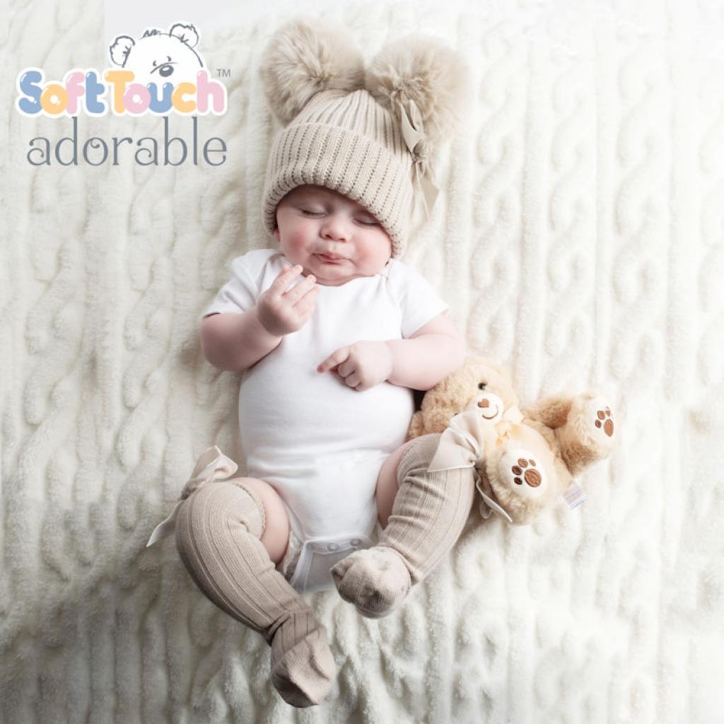 Soft Touch  5023797312373 STH678-Bi Biscuit Velvet ribbon Pom Pom Hat (Nb-12 months)