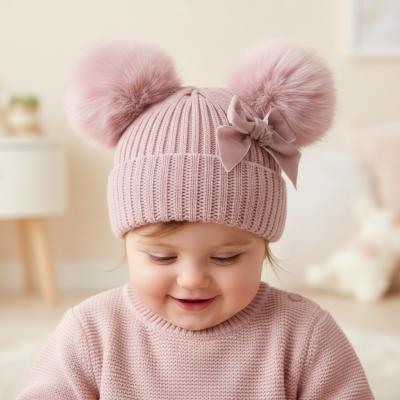STH678-DP Dusky Velvet Ribbon Pom Pom Hat (Nb-12 months)