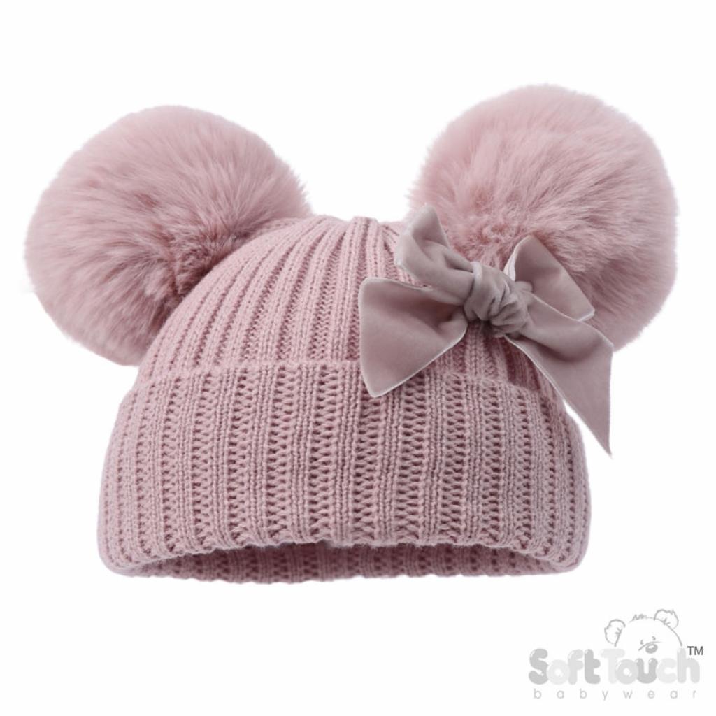 Soft Touch  5023797312366 STH678-DP Dusky Velvet ribbon Pom Pom Hat (Nb-12 months)