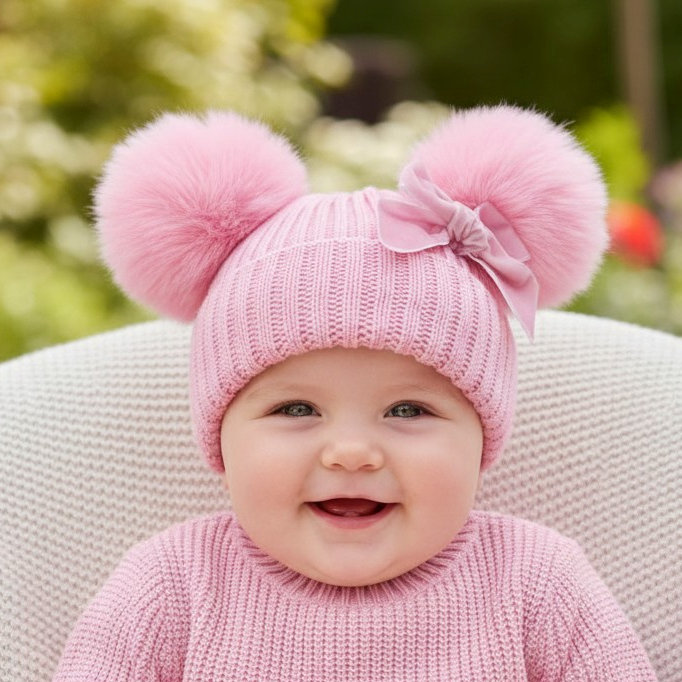 Soft Touch 5023797312373 STH678-P pink Velvet Ribbon Pom Pom Hat (Nb-12 months)