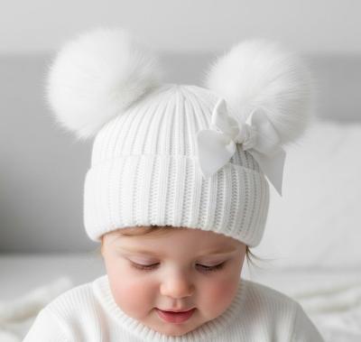 STH678-W White Velvet Ribbon Pom Pom Hat (Nb-12 months)