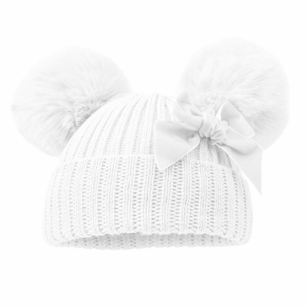 Soft Touch  5023797312373 STH678-w White Velvet ribbon Pom Pom Hat (Nb-12 months)