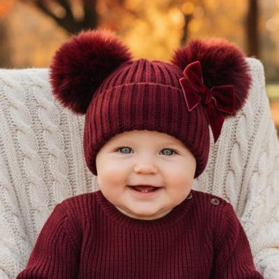 STH678-Bu Burgundy Velvet ribbon Pom Pom Hat (Nb-12 months)