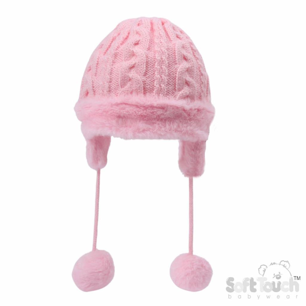 Soft Touch  * STH680-P Cable hat with fur and ear flaps (Nb-6 months)
