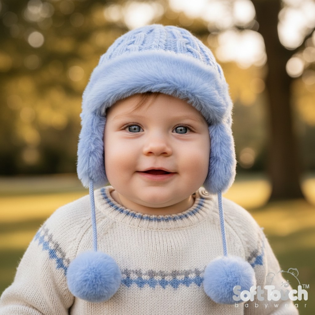 Soft Touch * STH680-B Cable hat with fur and ear flaps (Nb-6 months)