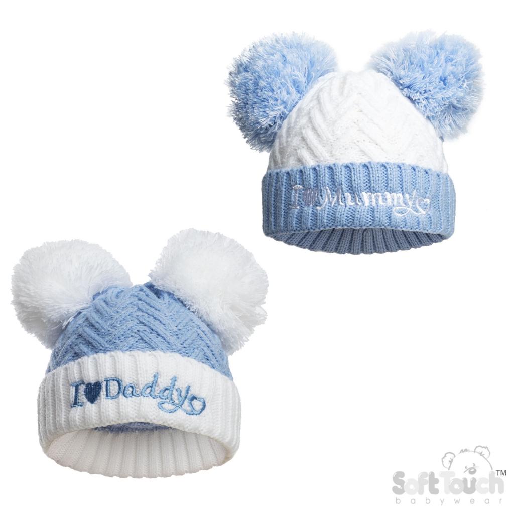 Soft Touch 4H682-P 5023797313615 STH682-B Sky Mummy & Daddy Pom Pom hat (NB-12 months)