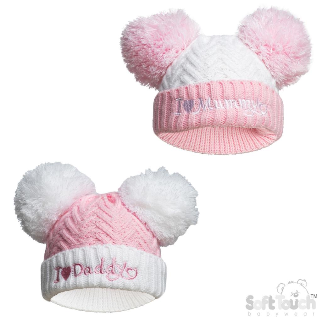 Soft Touch 4H682-P 5023797313615 STH682-P Pink Mummy & Daddy Pom Pom hat (NB-12 months)