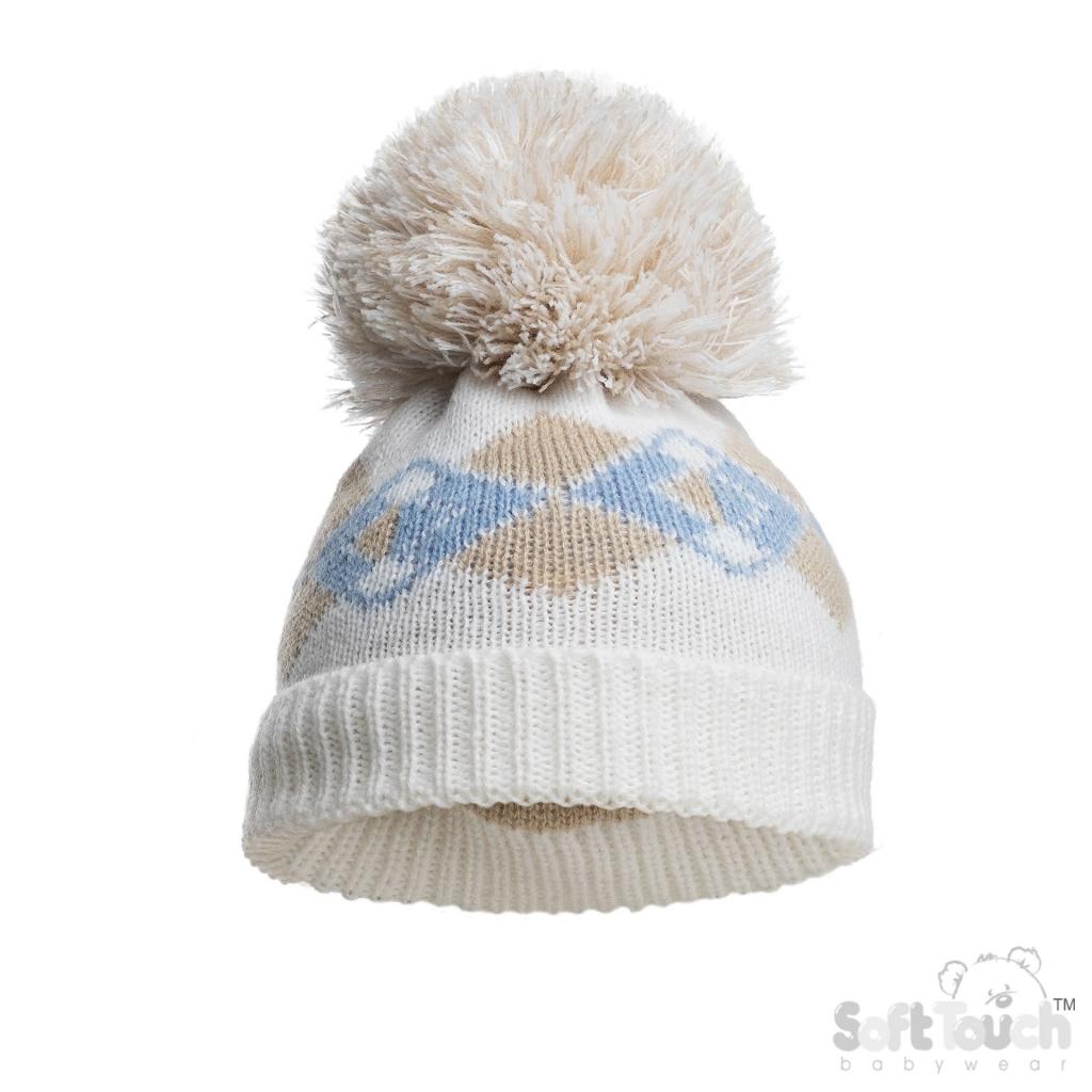 Soft Touch 4H690 5023797313745 STH690-B Blue Argyle Pom Pom Hat  (NB-12 months)