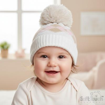 STH690P  Pink Argyle Pom Pom Hat   (NB-12 months)
