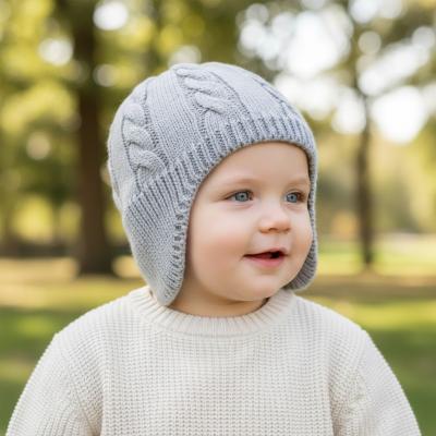STH706-G  Grey Cable knit Hat with ear cover (Newborn -12 months)