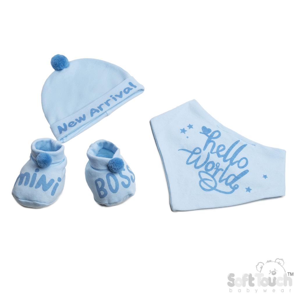 Soft Touch 4HBB254-B 5023797304521 STHBB254-B "Hello World" Bib,Hat & Bootee Pom Pom Set(NB - 3m)