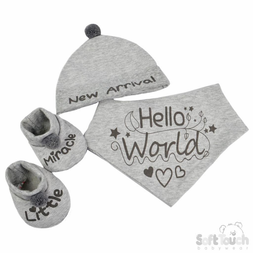 Soft Touch 4HBB254-B 5023797304507 STHBB254-G "new arrival" Bib,Hat & Bootee Pom Pom Set(NB - 3m)