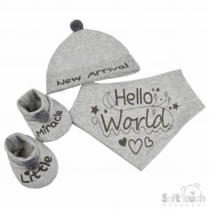 STHBB254-G  "new arrival" Bib,Hat & Bootee Pom Pom Set (NB - 3m)