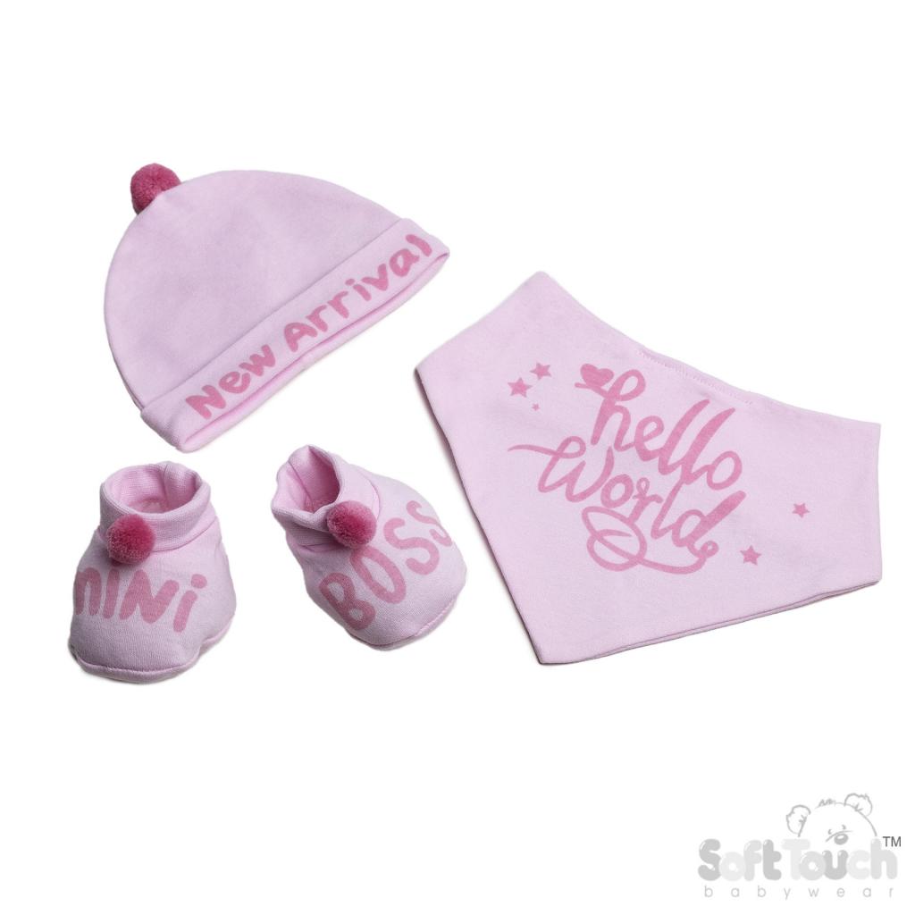 Soft Touch  5023797304514 STHBB254-P "Hello World" Bib, Hat & Bootee Pom Pom Set (NB-3m)