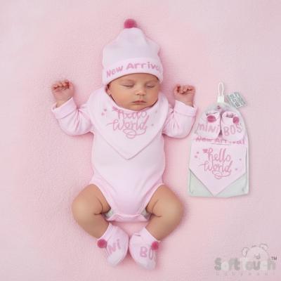 STHBB254P  "Hello World" Bib, Hat & Bootee Pom Pom Set  (NB-3m)