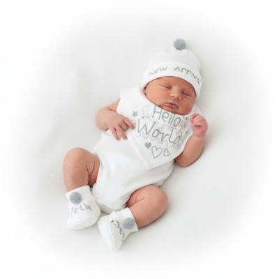 STHBB254-W  "New Arrival" Bib, Hat & Bootee Pom Pom Set  (NB-3m)
