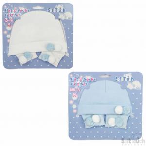 Soft Touch 4hs106-b 5023797305498 STHS106-B Pom Pom Hat and Sock Set (Newborn - 6months)