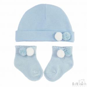 Soft Touch 4hs106-b 5023797305498 STHS106-B Pom Pom Hat and Sock Set (Newborn - 6months)