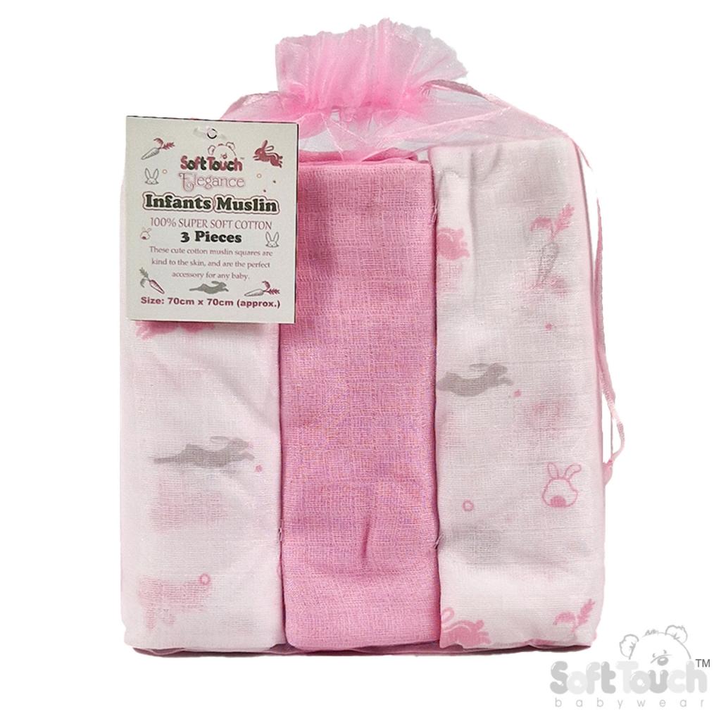 Soft Touch 4MS15-P 5023797314971 STMS15-P Three Pack Deluxe Pink Muslins in a Net Bag