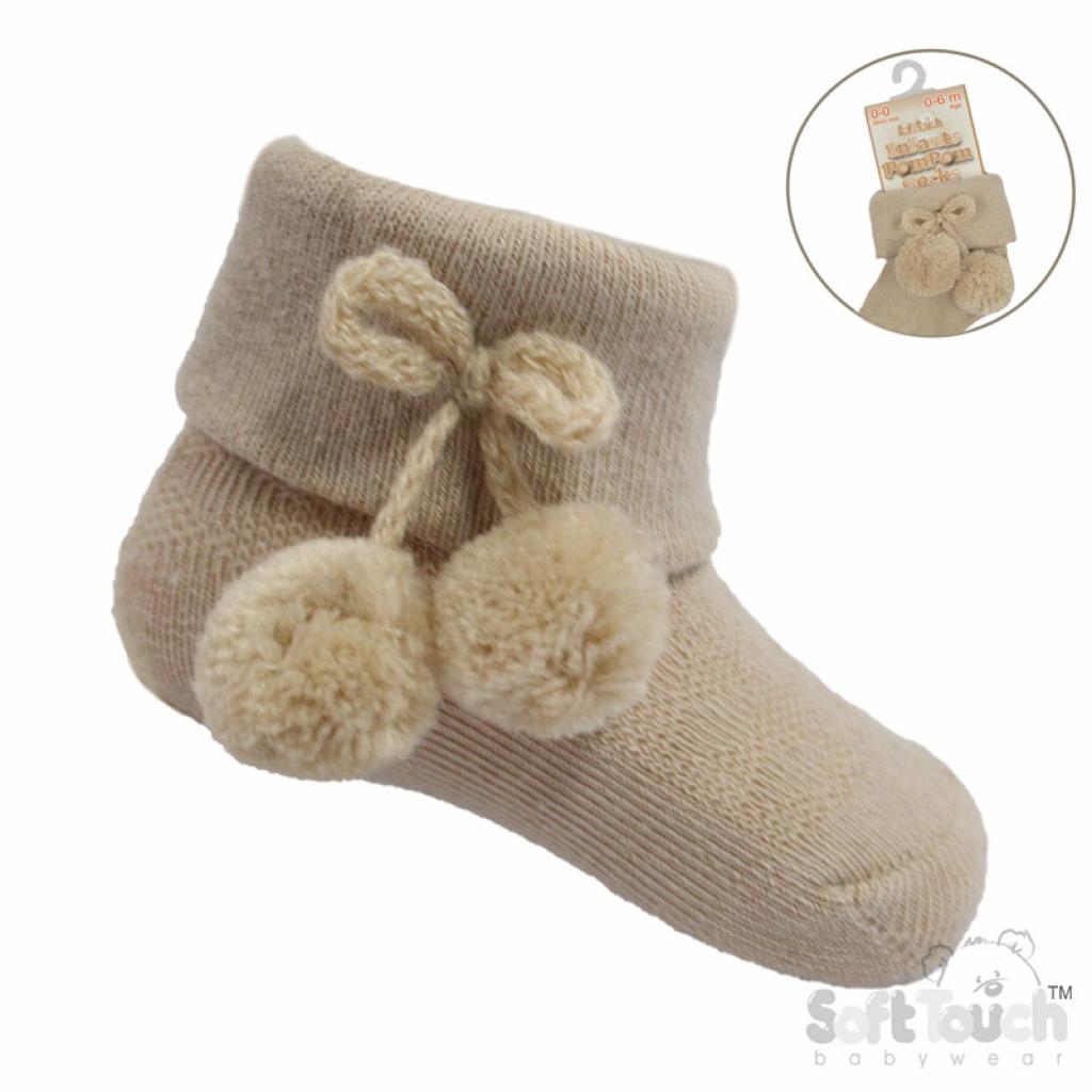 Soft Touch 4S10-CO 5023797405952 STS10-Co Coffee Diamond Pom Pom socks (0-24 months)
