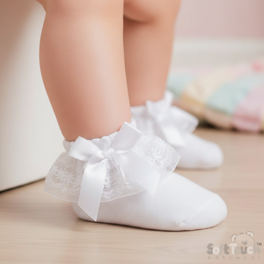 Soft Touch 4S115-W 0-6=5023797407659,6-12=5023797407666,12- 18=5023797407673 STS115-W Organza and Lace Sock ( Newborn - 18 months)