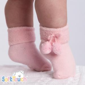 STS522-P Pink No Slip Terry Pom Pom Socks (NB-12 months)
