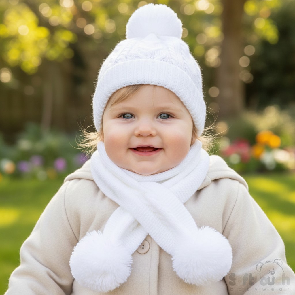 Soft Touch 4SC12-W-SM 5023797310690 STSC12-W White Elegance Scarf with Pom Poms (Nb-24)