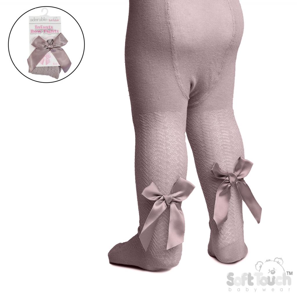 Soft Touch 4T120-DP 5023797406713 STT120-DP Dusky Pink Jaquard Tights with Long Bow (NB to 24m)