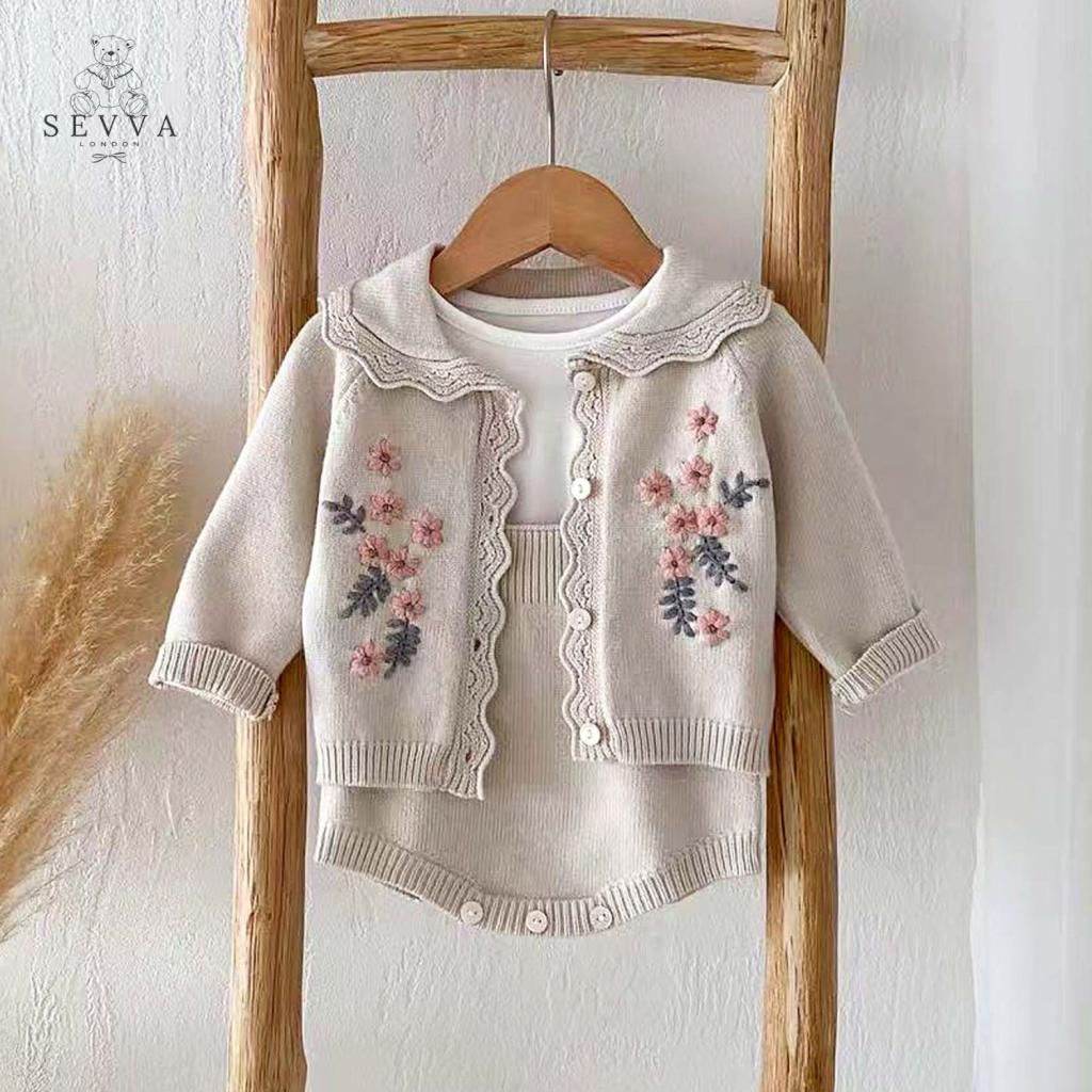 Sevva 338711516515614154 SV2421-S Sand Floral Embroidered Knitted Two Piece (0-12 months)