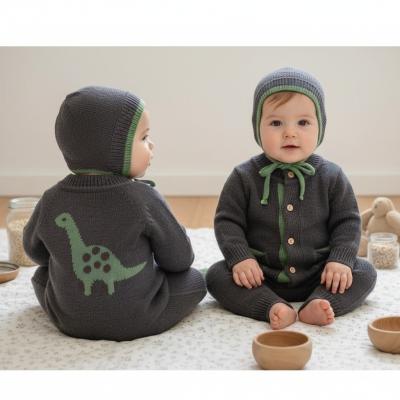 SV26061N Navy Dinosaur Knitted Romper & Bonnet (0-12 months)