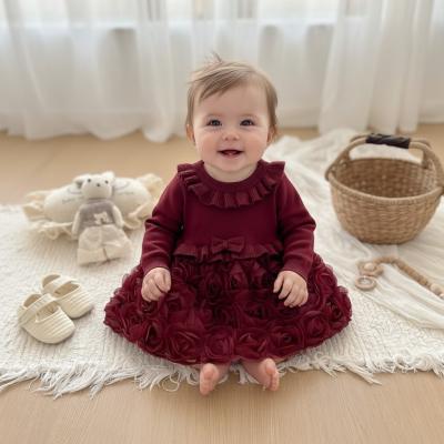 SV26003-R Burgundy Knit and rosette dress (0-12 months)