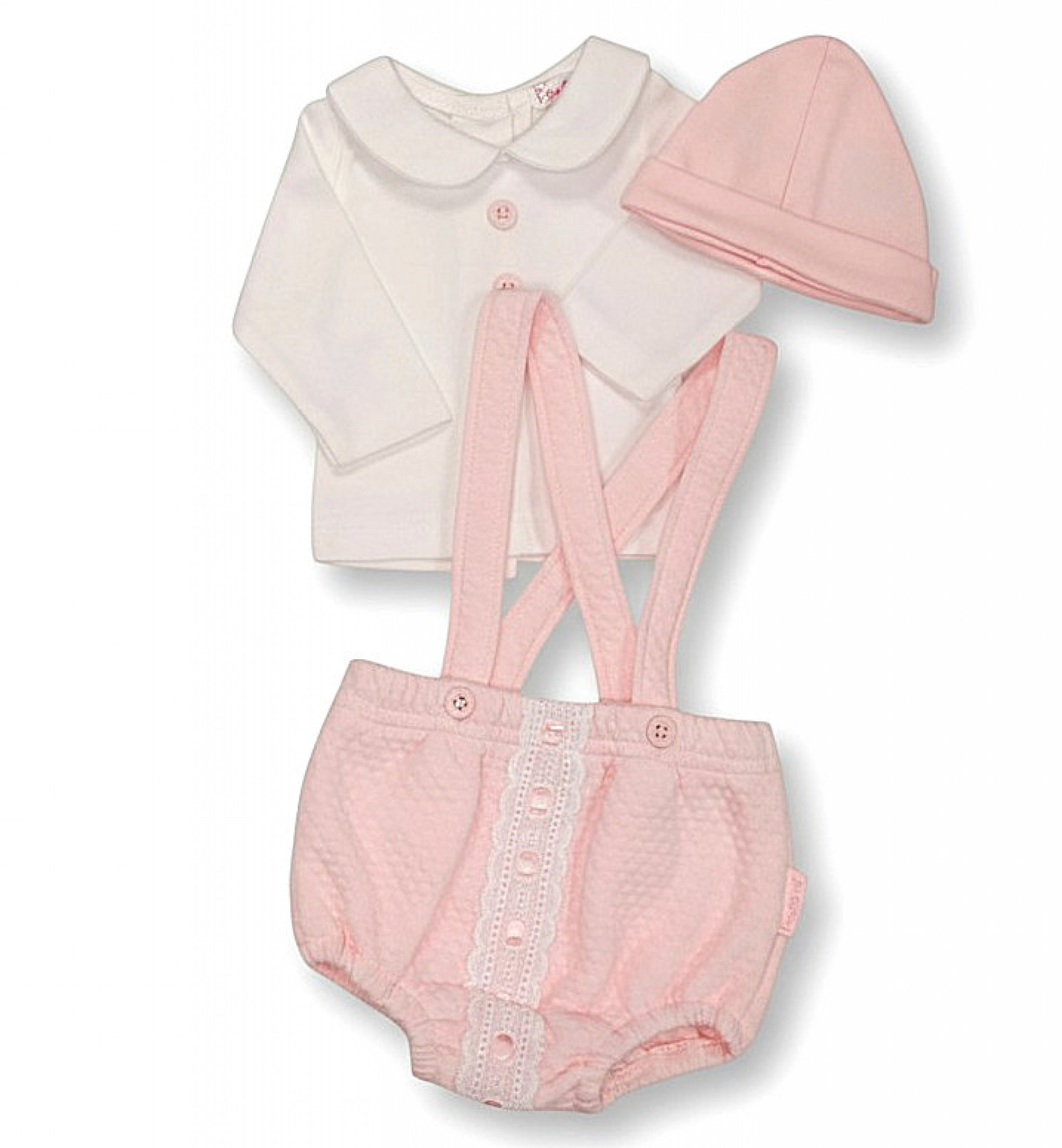 Tiny Chick PB-20-368P 3-5 lbs = 5035320453682, 5-8lbs = 5035320453689 TC20-368P Pink "Bow and Lace" Dungaree Set (3-8lbs)