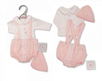 Tiny Chick PB-20-368P 3-5 lbs = 5035320453682, 5-8lbs = 5035320453689 TC20-368P Pink "Bow and Lace" Dungaree Set (3-8lbs)