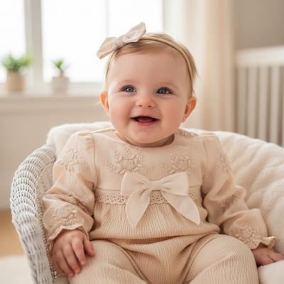 TO5451-B  Biscuit embroidered Creped Romper  (0-9 months)