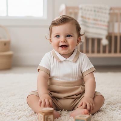 VV481617-C  Coffee Panel Woven Romper  (1-9 months)