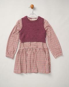 Willow & Whistle E08308 9-12=5056623273203,12-18=5056623273210,18-24=5056623273437 WWE08308A Check dress and  knitted vest(9-24 months)